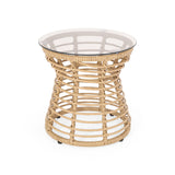 San Pedro - Boho Style Side Table With Tempered Glass Top - Light Brown Rattan