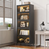 Modern Steel Display Cabinet With Glass Doors And LED Lights, 5 Tier Steel Barrister Bookcase For Home Or Office - Black