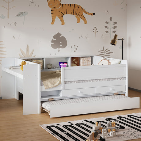 Twin Daybed With Drawers, Trundle, Headboard Storage, Study Desk, And USB Charging Station - White