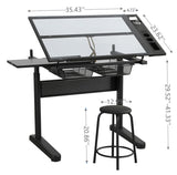 Hand Crank Adjustable Drafting Table Drawing Desk With 2 Metal Drawers With Stool