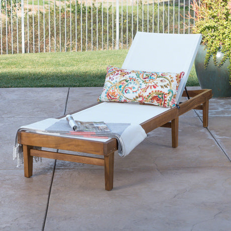 Outdoor Chaise Lounge With Acacia Wood Frame - White / Teak