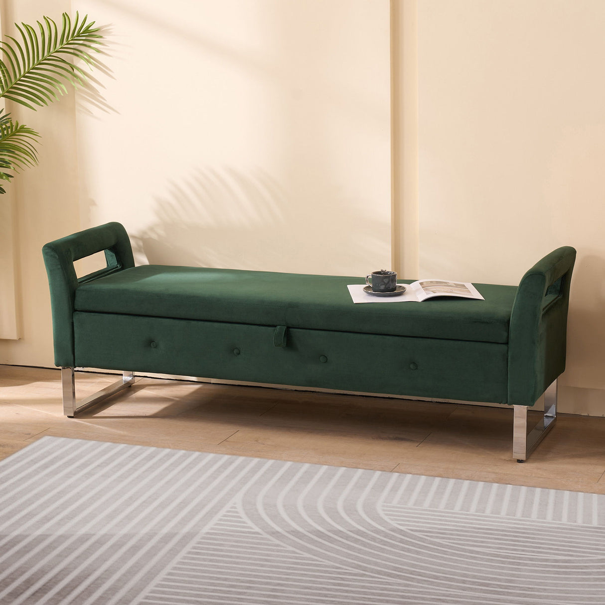 Wide Storage Soft Ottoman Bench With Armrests