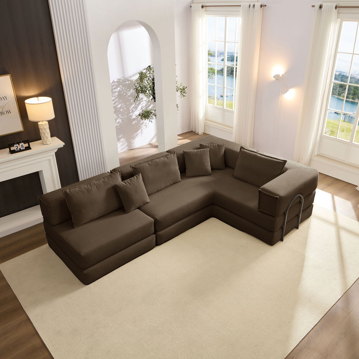 Modular L Shaped Floor Living Room Sofa Set With 6 Pillows