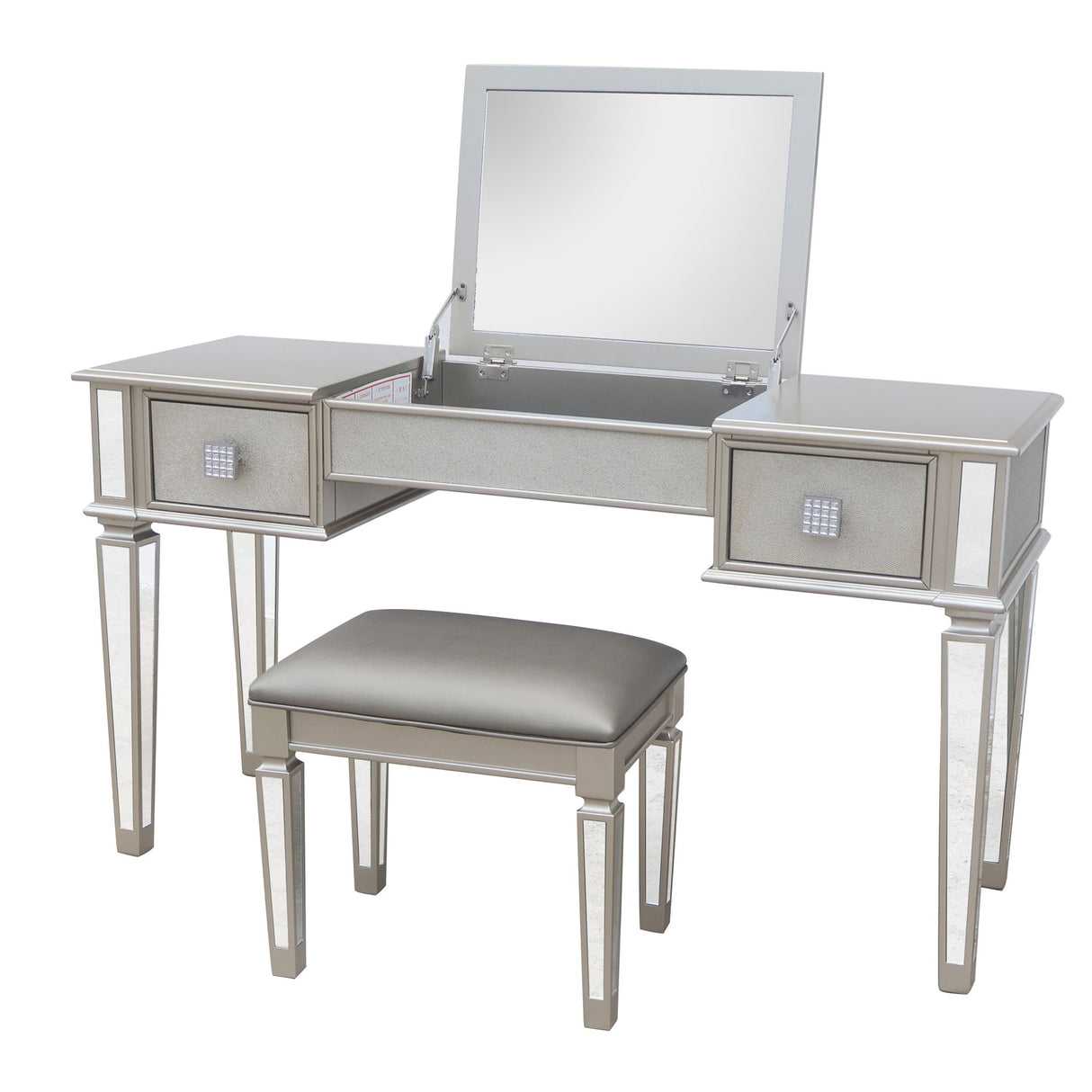 Mirrored Vanity Desk With Drawers And Stool, Flip Up Dressing Table Set For Makeup Room