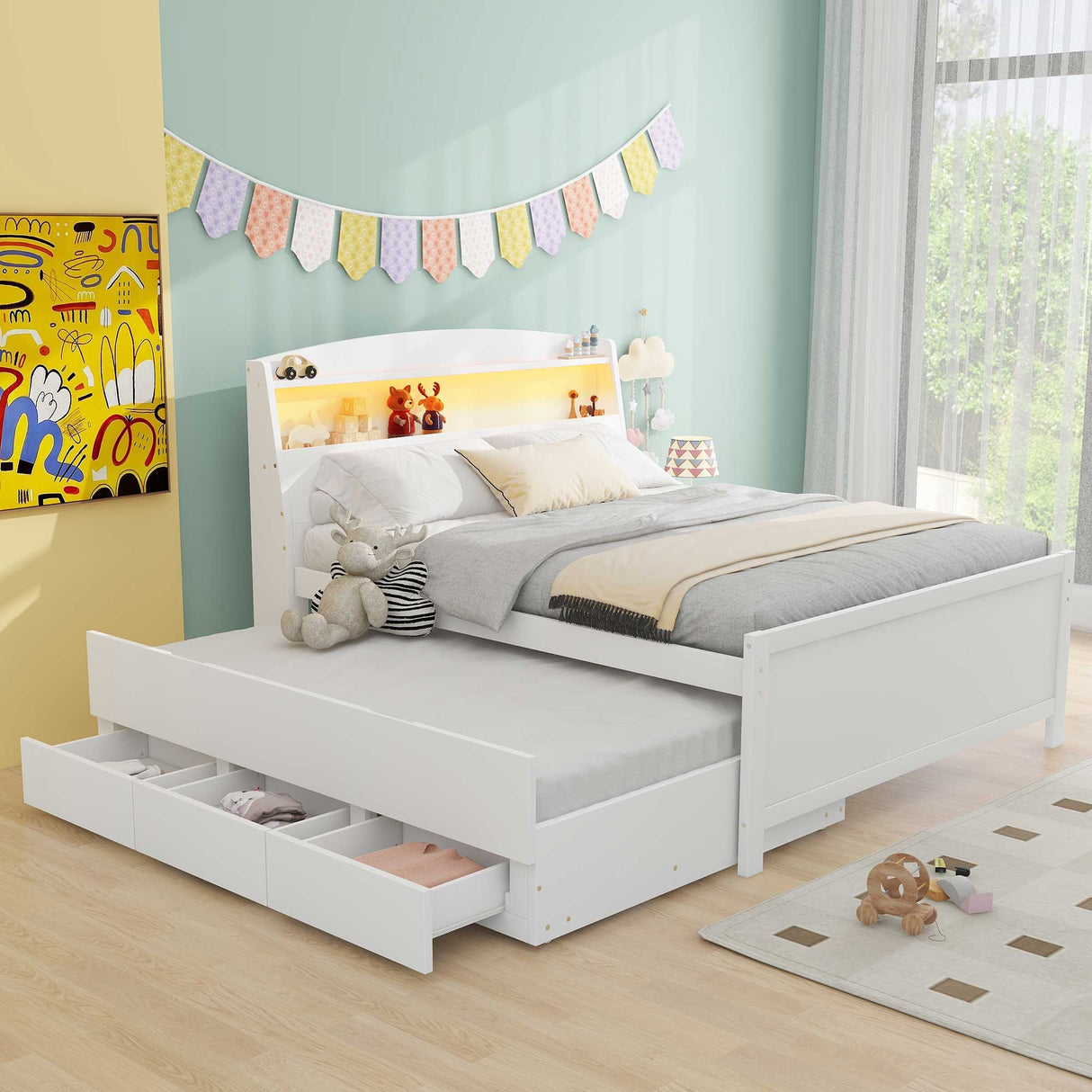 Full Size Platform Bed With Storage LED Headboard, Twin Trundle And 3 Drawers - White