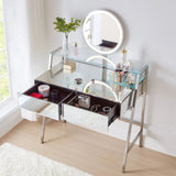 33.9" Mirrored Makeup Vanity Desk With Mirror And Lights, Mirrored Console Vanity Table With 2 Big Drawers & Open Shelf, Dressing Table With Charging Station For Bedroom - Silver