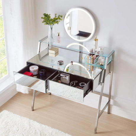 33.9" Mirrored Makeup Vanity Desk With Mirror And Lights, Mirrored Console Vanity Table With 2 Big Drawers & Open Shelf, Dressing Table With Charging Station For Bedroom - Silver