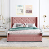 Storage Bed Velvet Upholstered Platform Bed With Wingback Headboard And A Big Drawer