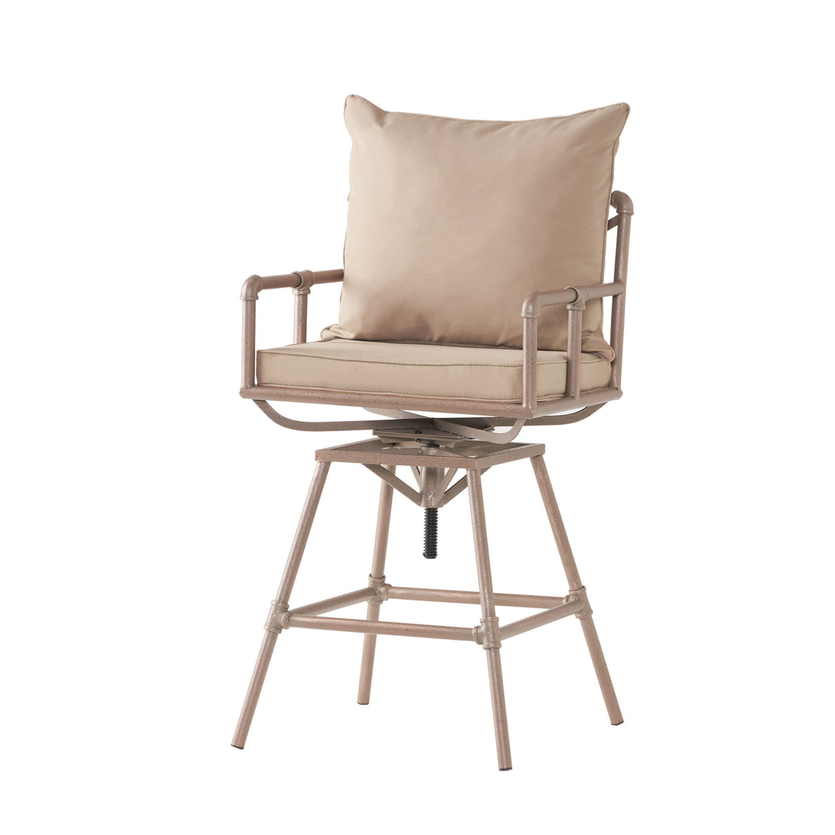 Industrial Outdoor Patio Plumber's Iron Frame Swivel Barstool With Cushions, Height Adjustable