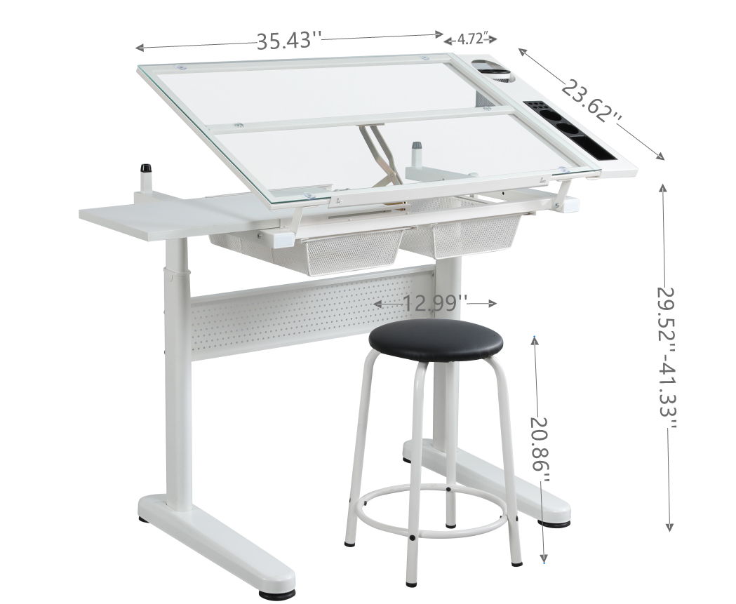 38.18" Hand Crank Adjustable Drafting Table Drawing Desk With 2 Metal Drawers With Stool