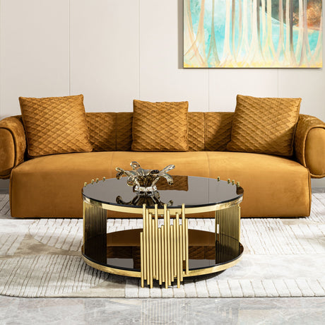 Elegant Round Table With Double Layer Tempered Glass Top And Stainless Steel Frame For Living Room