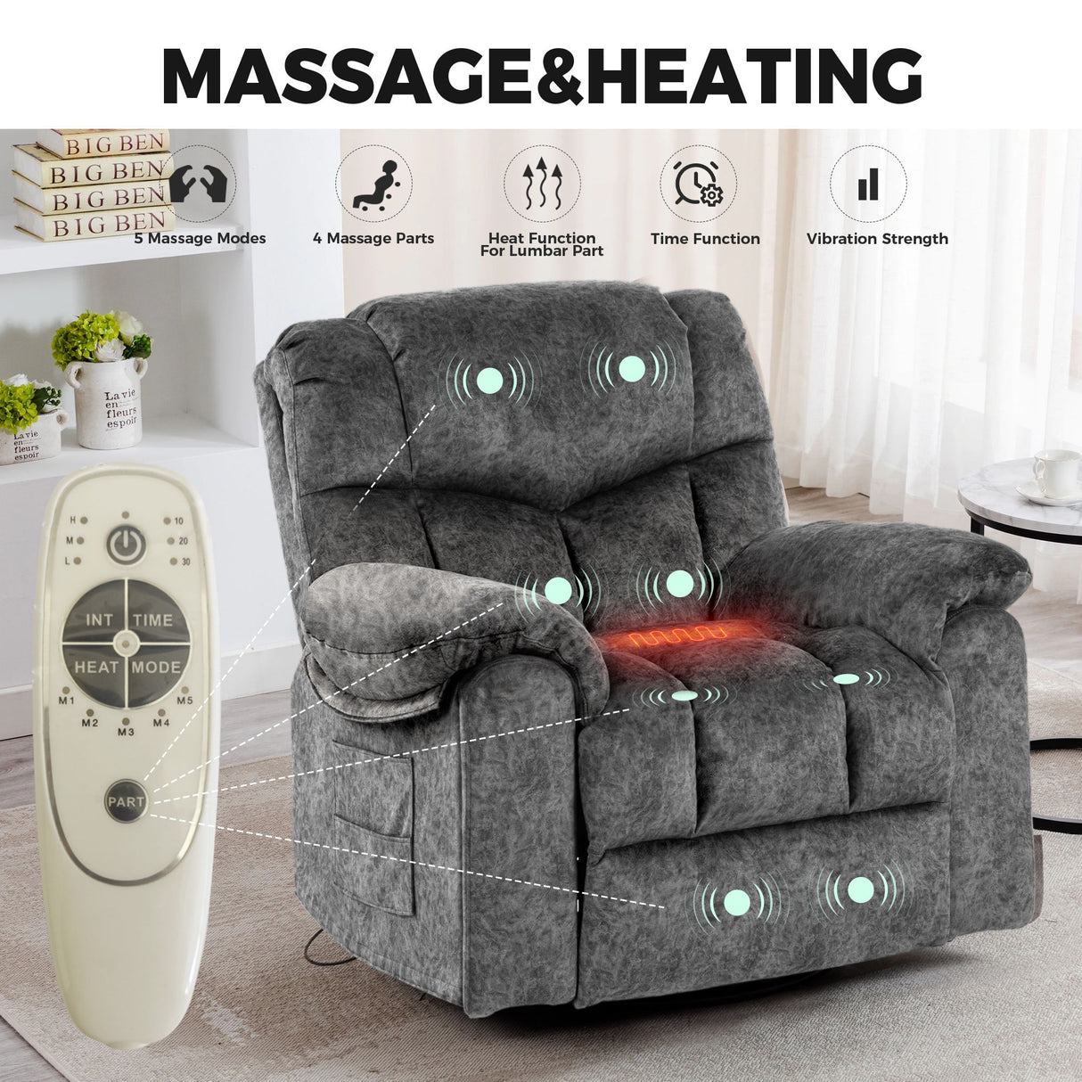 Swivel And Rocking Recliner Chair With Massage And Heating