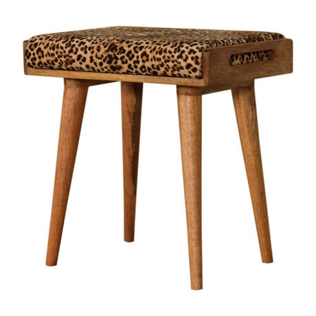 Leopard Velvet Tray Style Footstool - Brown Oak