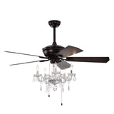 52" Crystal Shade Ceiling Fan Lamp, 3 Speed, 4 Timing, 5 Reversible Blades Crystal Ceiling Fan, 5 Pieces X E12 (No Include Bulb), Hand Pull Chain - Matte Black