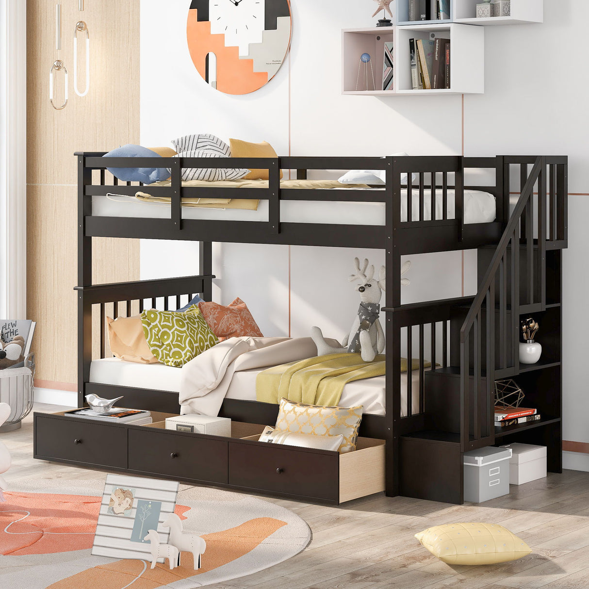 Stairway Bunk Bed With Storage And Guard Rail For Bedroom