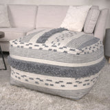 Karim - Faux Yarn Large Pouf, Durable - Ivory / Gray