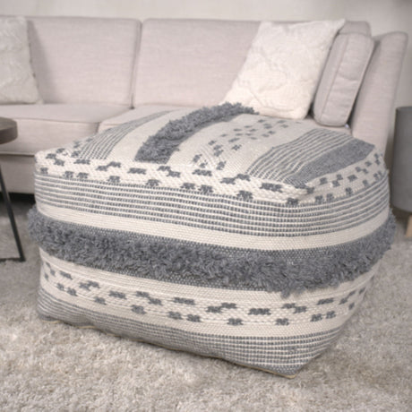 Karim - Faux Yarn Large Pouf, Durable - Ivory / Gray