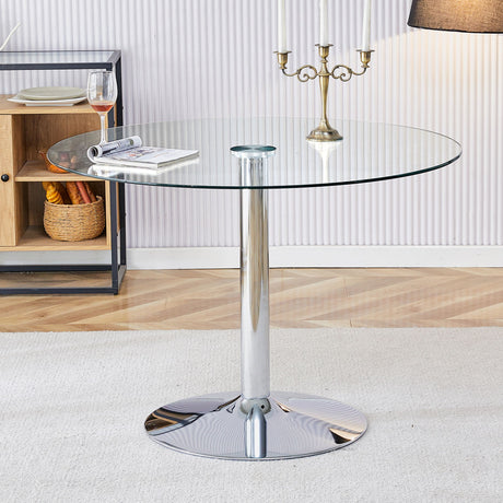 Modern Minimalist Circular Dining Table With Glass Top And Electroplated Metal Legs For Restaurants And Living Rooms - Silver / Transparent