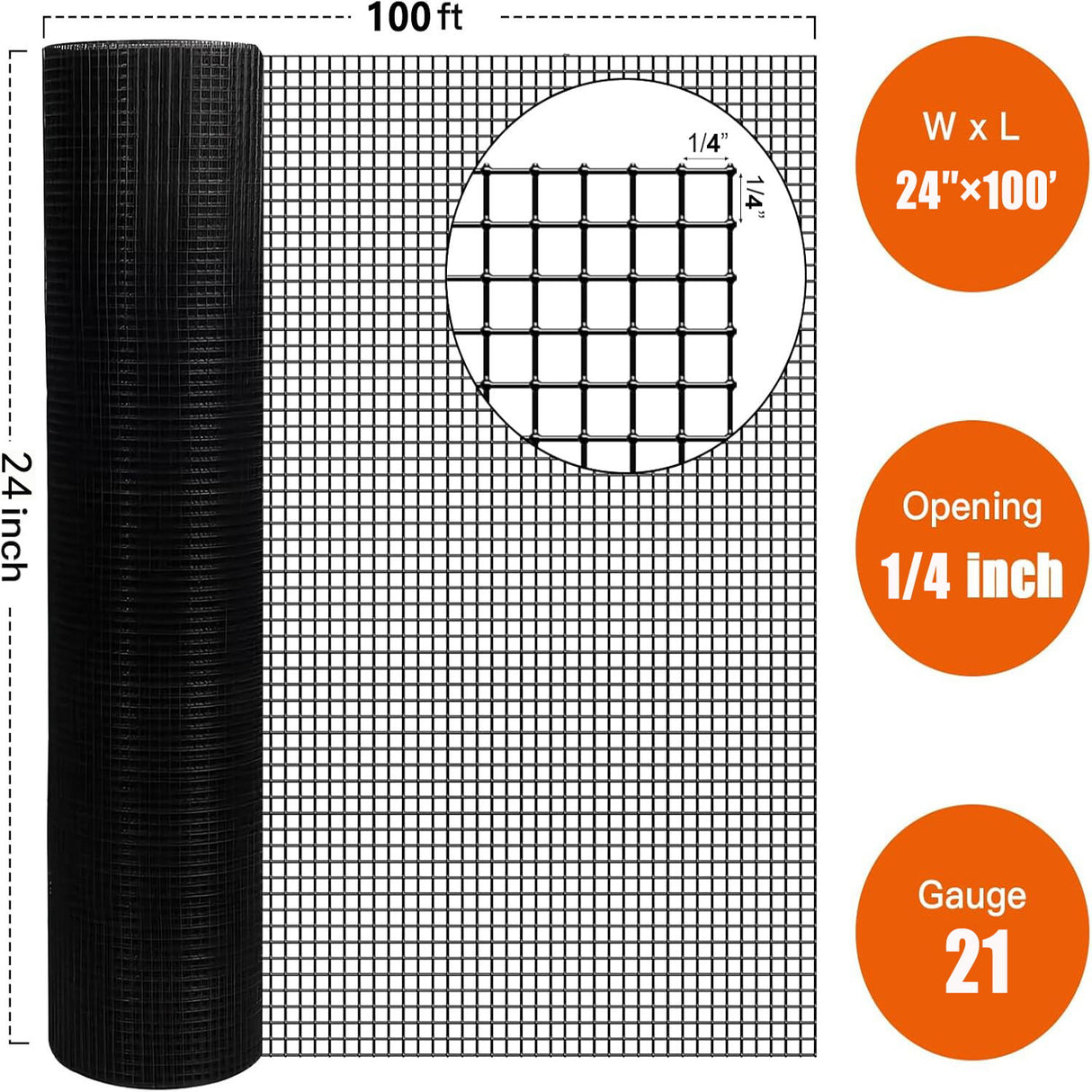 Vinyl Coated Hardware Cloth, 21 Gauge, Welded Wire Fence - Black