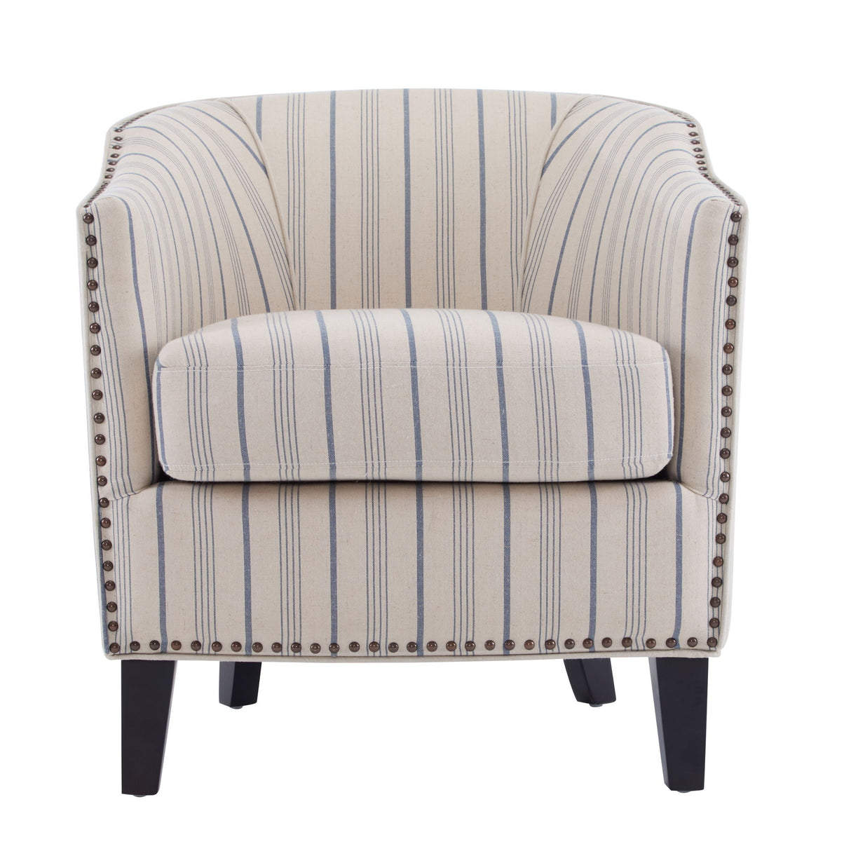 Transitional Upholstered Stripe Barrel Chair With Birch Wood Legs And Plush Cushioned Seat - Beige / Blue Stripe