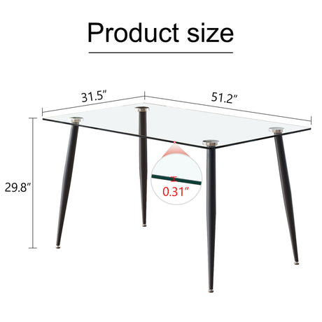 Modern Rectangular Glass Dining Table With Tempered Glass Top And Metal Legs For 4 - 6 People - Black / Transparent