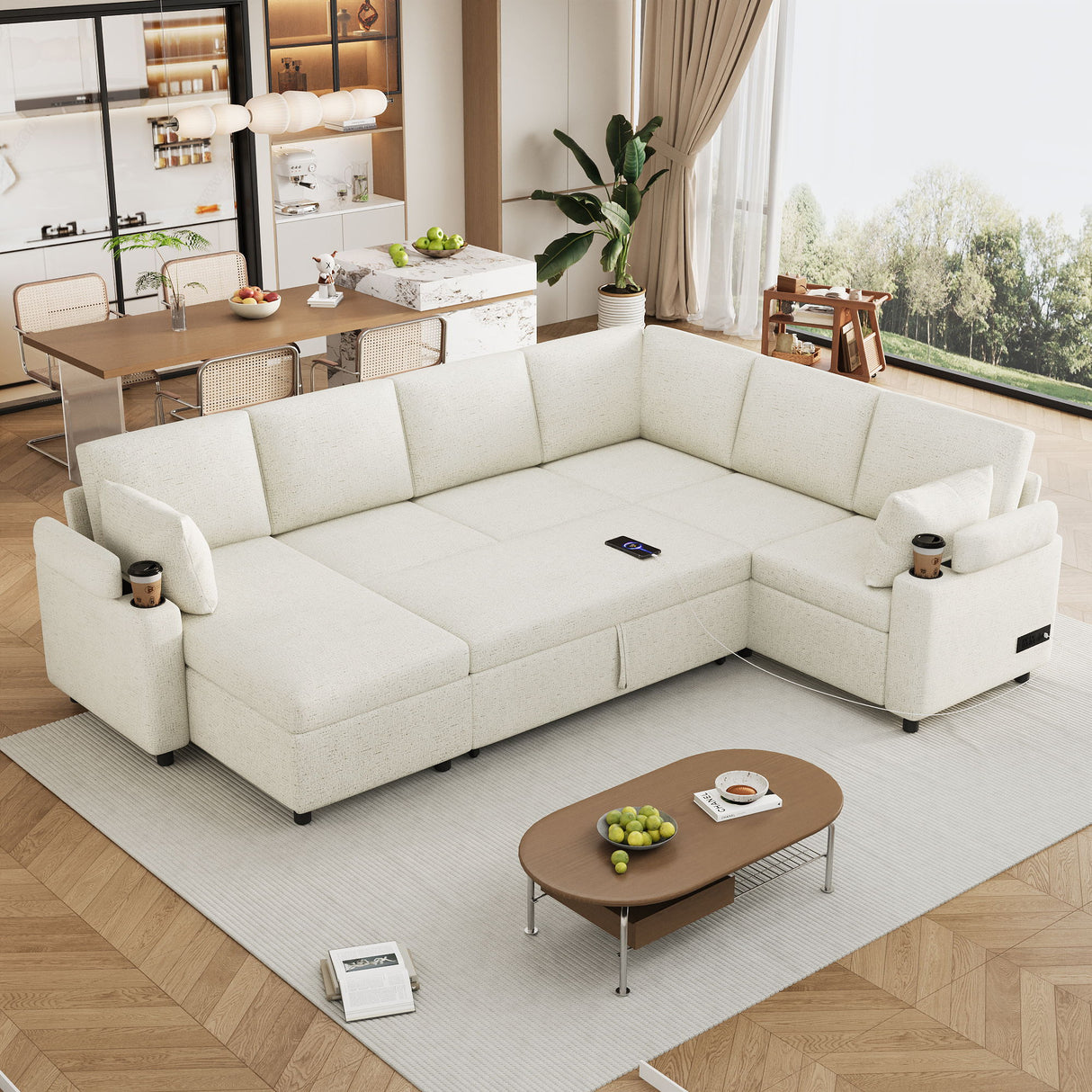 U-Shaped Sectional Sleeper Sofa With Ample Storage Space, 2 Cup Holders And Charging Ports For Living Room