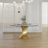 Luxury Round 59" Sintered Stone Dining Table With Stainless Steel Hourglass Base, Scratch & Heat Resistant Surface - Golden / White
