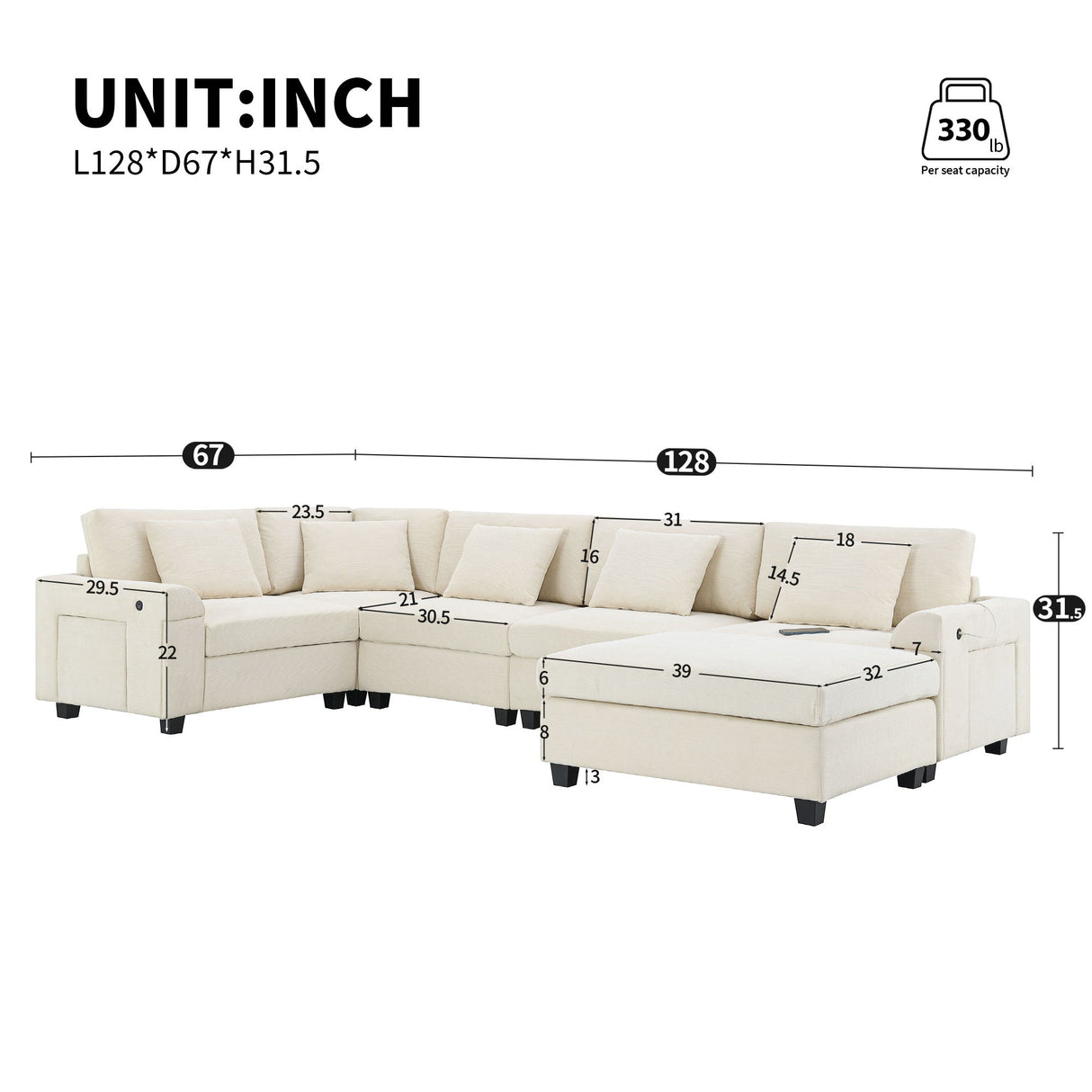 U Shaped Sectional Sofa 6 Seat Couch Set With Oversized Ottoman, Hidden Armrest Storage And Cup Holders USB Charging Ports Wide Seat Sofa