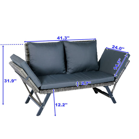 1 Pieces Patio Wicker Side Foldable Bench Patio Backyard Conversation Bench Gray Wicker - Dark Gray