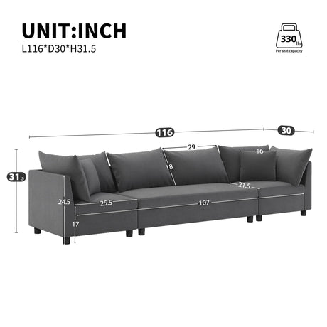 Modern Modular Sectional Oversized 4 Seat Couch Set & 4 Pillows, Minimalist Style Wide Seat Comfy Sofa - Gray