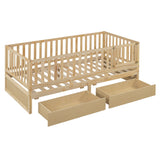 Daybed With Fence Guardrails And 2 Drawers, Split Into Independent Floor Bed & Daybed