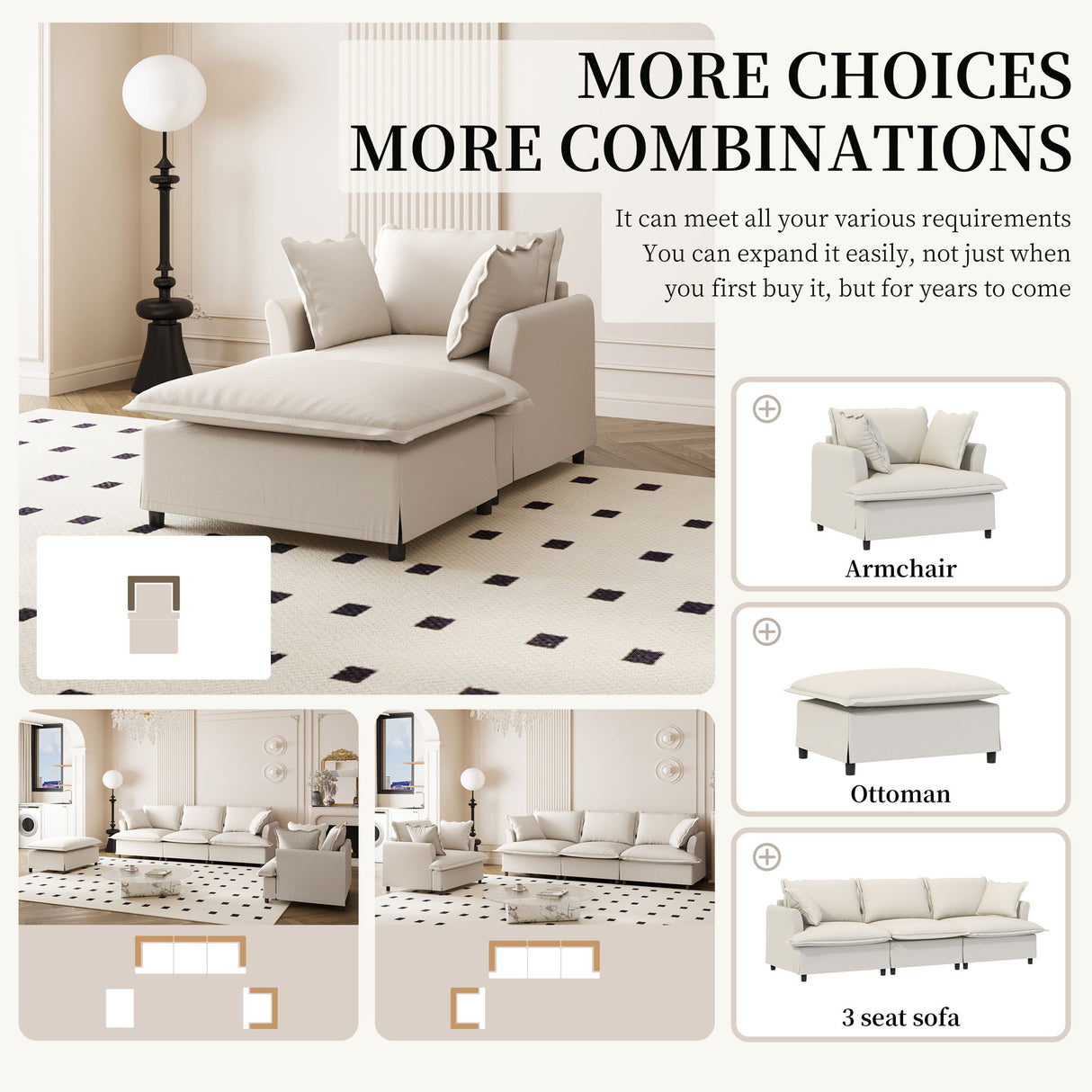 Oversized Chaise Lounge Indoor Single Sofa Bed With Wide Seat, Upholstered Lazy Sleeper Armchair With Movable Ottoman Reading Couch Set