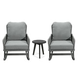 Modern 3 Piece Outdoor Seating Set With Cushioned Rattan Rocking Chairs And Wooden Accent Table