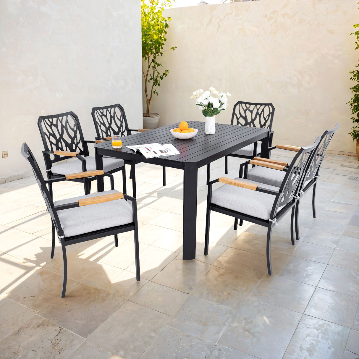 Outdoor Patio Furniture Dining Set With Sunbrella Fabric, Rectangular Table With Umbrella Hole