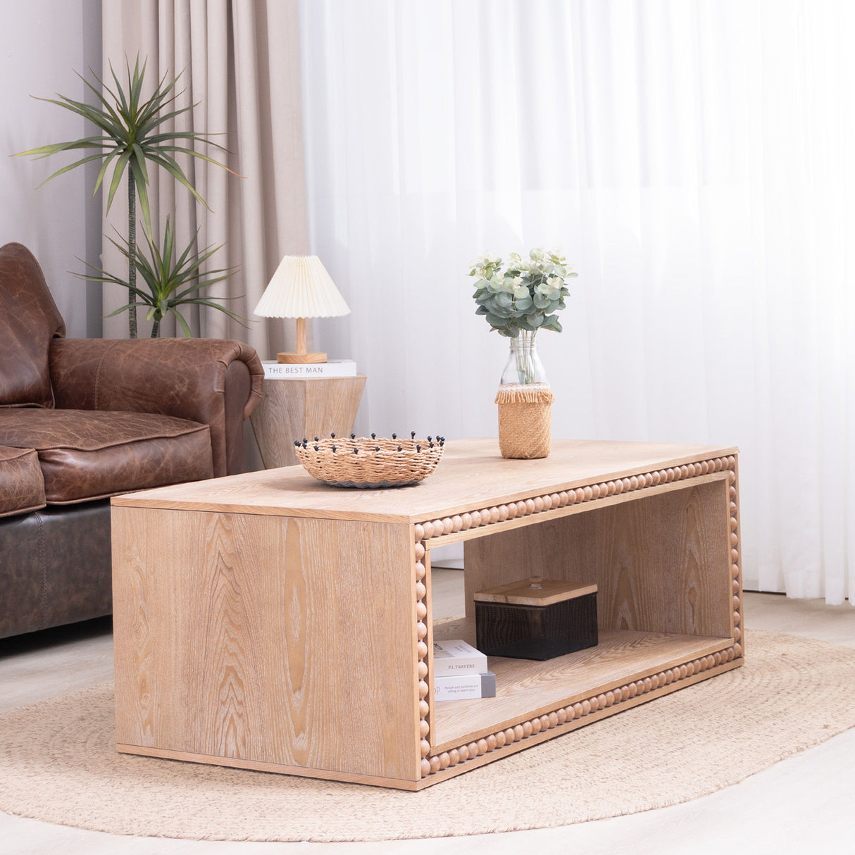 Beaded Edge Coffee Table, Rectangular Center Table With Open Storage Shelf - Antique Natural / Light Natural / Natural