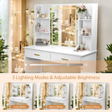 Vanity Desk With Mirror And LED Lights 3 Lighting Modes And Power Outlet 2 Spacious Drawers And Stool - White