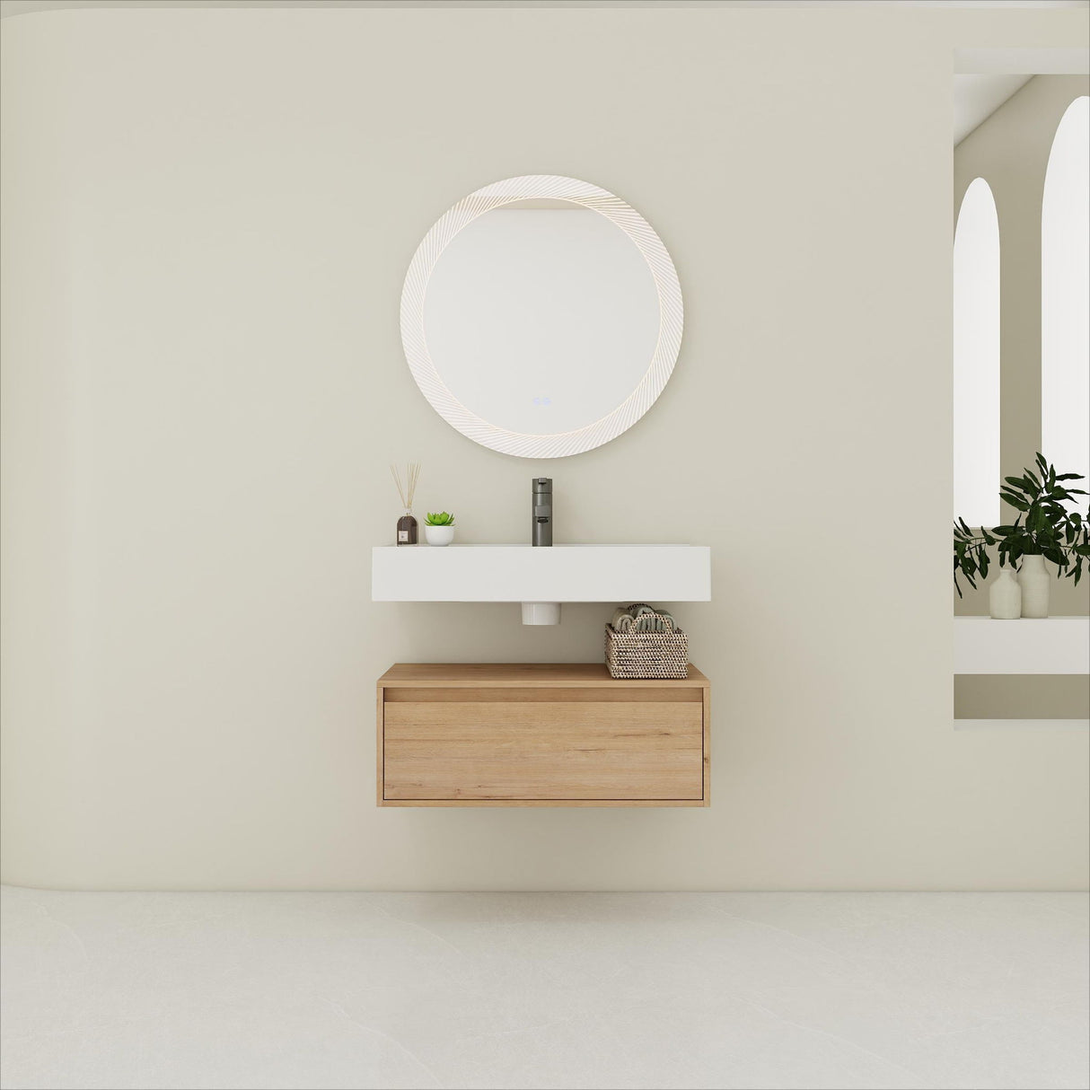 Wall Mounted Bathroom Vanity With Resin Sink And Soft Close Drawer In Imitative - Imitative Oak