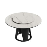 Modern Sintered Stone Dining Table With Round Turntable, Metal Pedestal, And Chairs