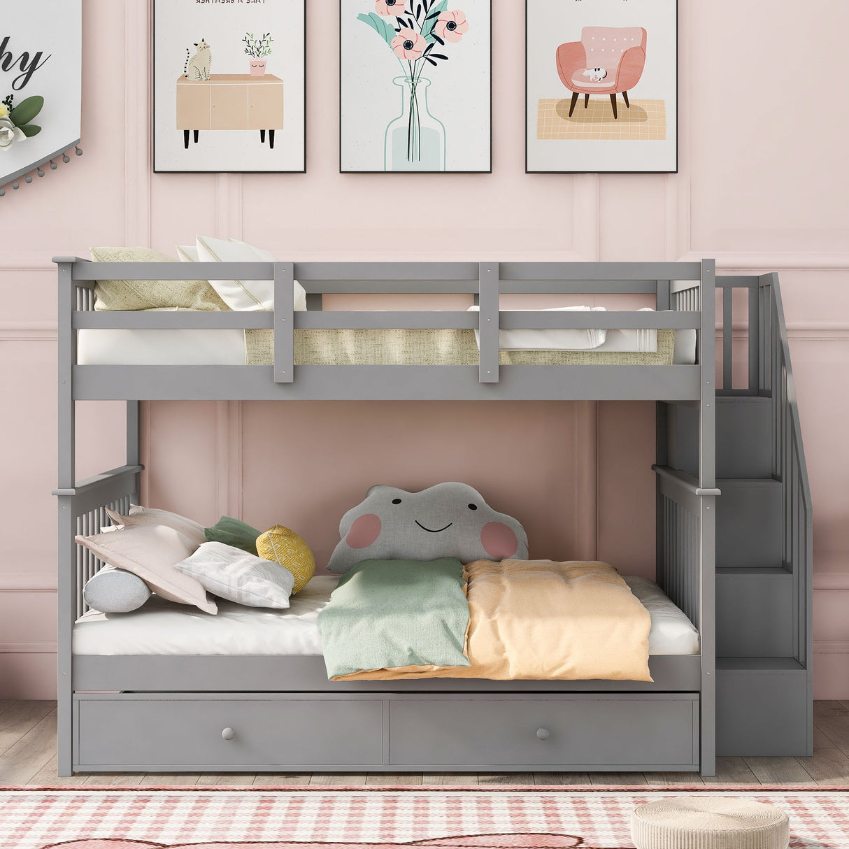 Stairway Bunk Bed With Storage And Guard Rail For Bedroom