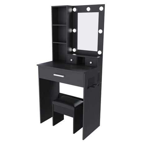 Vanity Table With Mirror, Adjustable LED Lights, Power Outlet, Hairdryer Holder & Stool