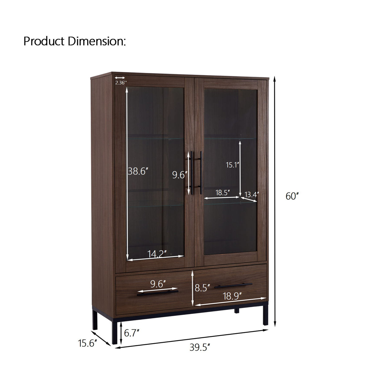 Modern Style Tall Display Cabinet With LED Lighting, Tempered Glass Door, 2 Drawers