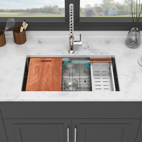 33" Undermount Kitchen Sink Single Bowl Ledge Workstation In 16 Gauge Stainless Steel - White