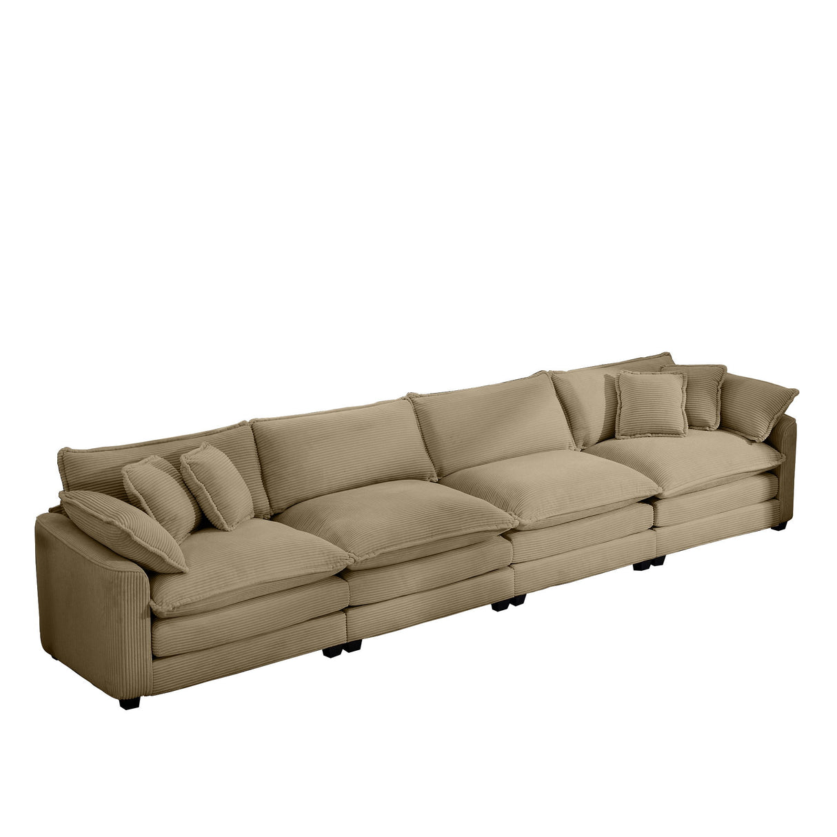 Modern Upholstered 4 Seater Corduroy Fabric Sofa With Arm And Throw Pillows