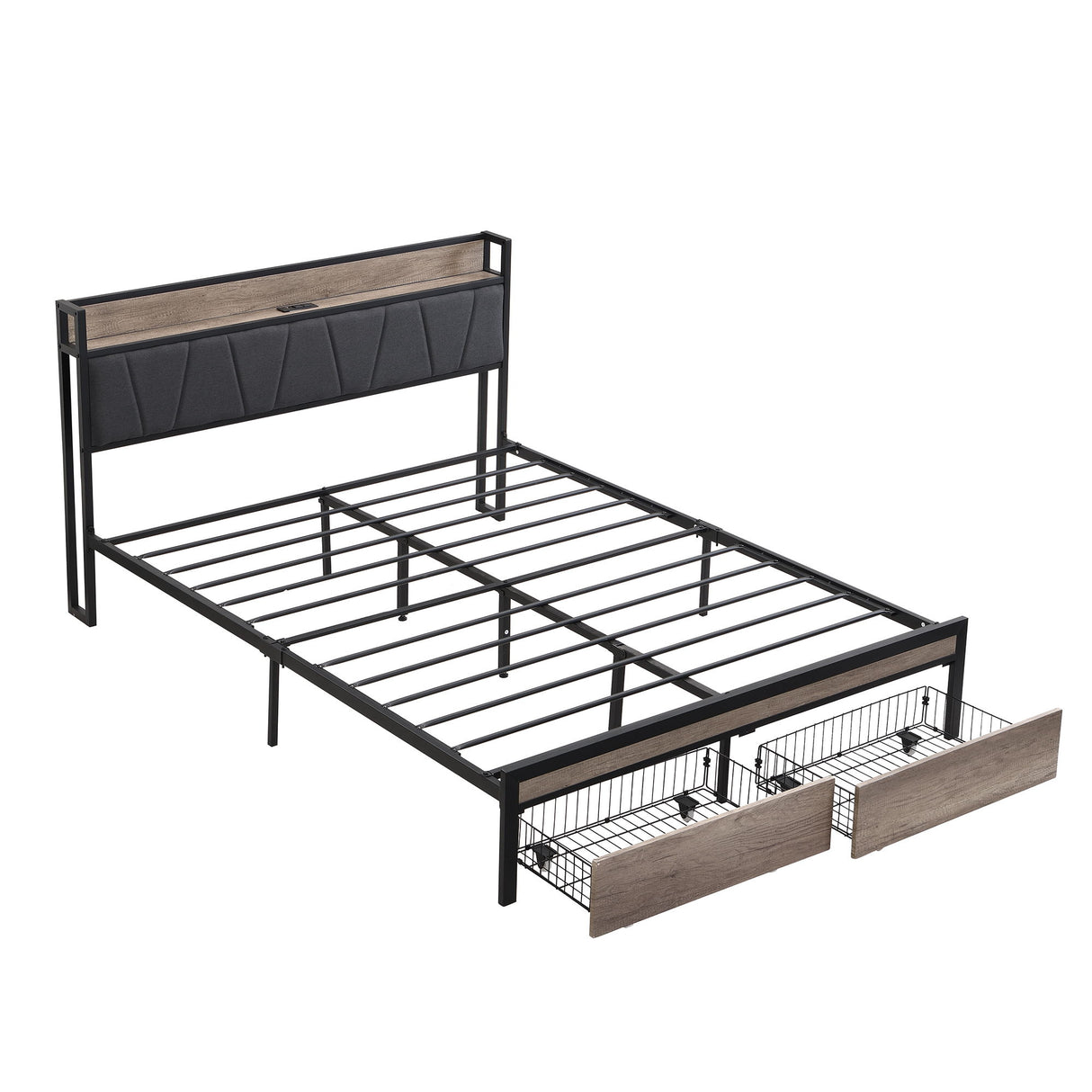 Modern Platform Bed Frame With Upholstered Storage Headboard, USB Ports