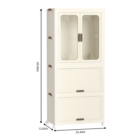 Portable Wardrobe Closet Storage Organizer With Magnetic Doors And Hanging Rod - Cream White
