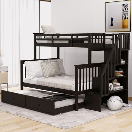 Bunk Bed With Twin Size Trundle, Storage And Guard Rail For Bedroom