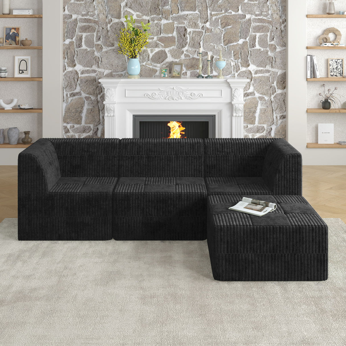 Modern Minimalist L Shape Modular Sectional Sofa, Sleeper Corduroy Couch