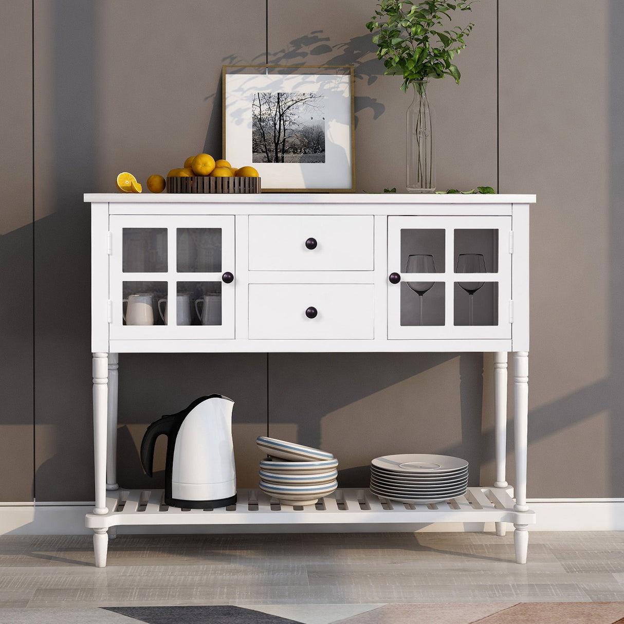 Hearth & Haven Stella Buffet Storage Cabinet With Bottom Shelf, White