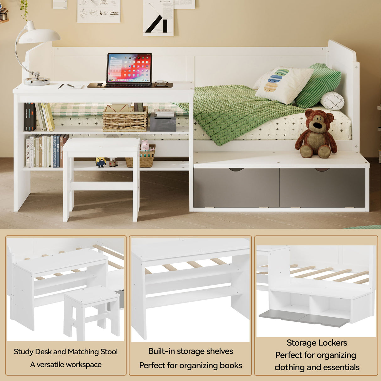 Daybed With Storage Shelves And Lockers, Multi Functional Bed With Study Desk And Matching Stool