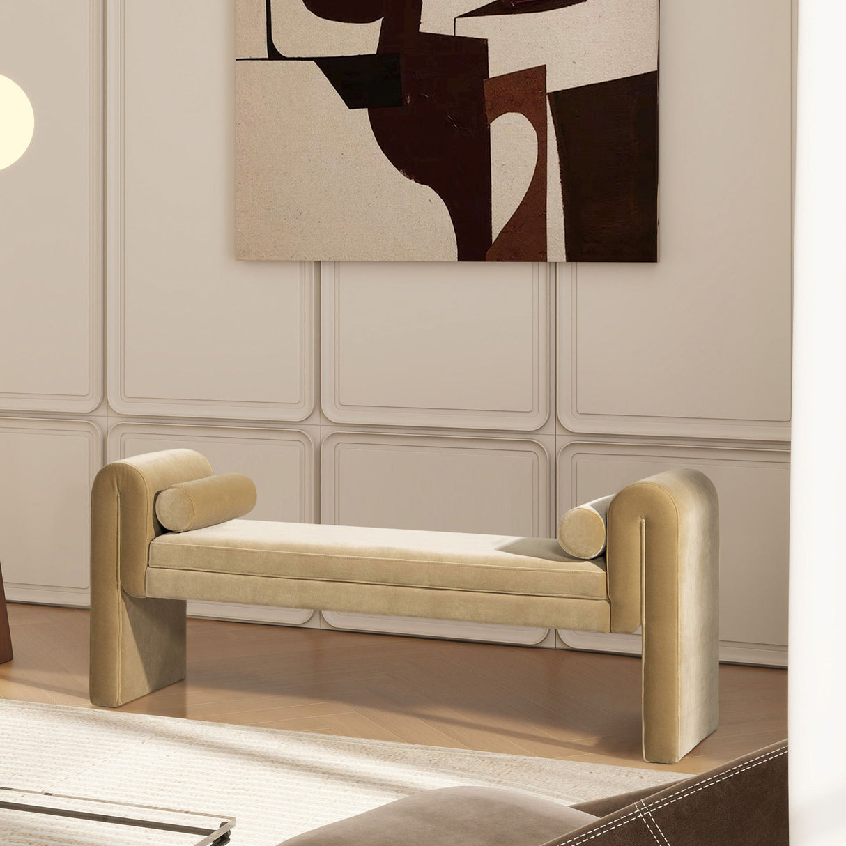 Mason - Arched Arm Bench With Bolster Pillows - Camel Brown Beige